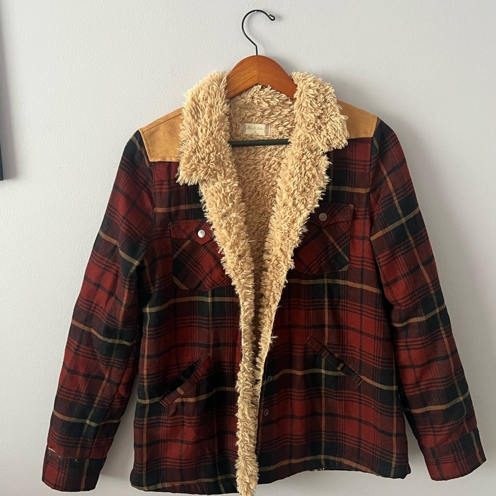 Altar’d State Plaid Sherpa-Lined Jacket with Faux-Suede Yoke